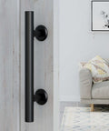 Heavy Duty 12 Inch Pull And Flush Barn Door Handle Set, Tough As Nails Matte Black With Ultra Thin Backplate installed on door