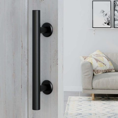 Heavy Duty 12 Inch Pull And Flush Barn Door Handle Set, Tough As Nails Matte Black With Ultra Thin Backplate installed on door