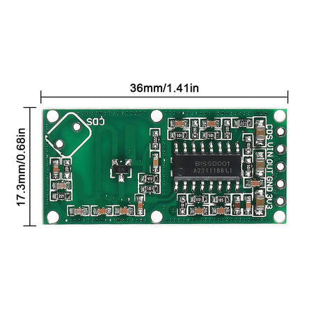 RCWL 0516 Microwave Radar Motion Sensor Module with dimensions, green circuit board for ESP8266 NodeMCU Wemos Raspberry Pi DIY projects