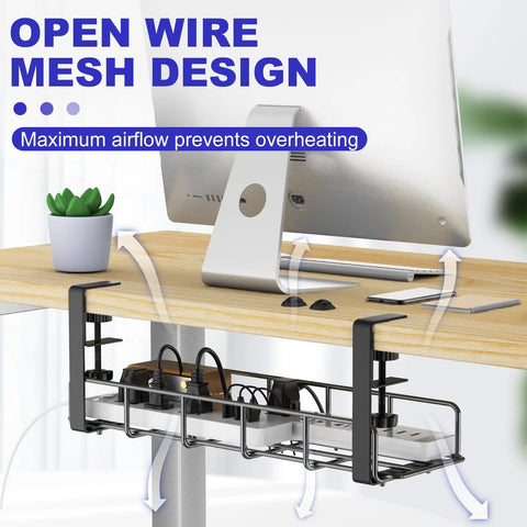 Under Desk Cable Management Tray No Drill Setup Clamp Mount Steel Wire Organizer installed under wooden desk