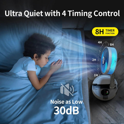 Child sleeping with 20000mAh Portable Fan With Battery, 8 Inch Oscillating Fan For Camping And Travel, Remote LED Light