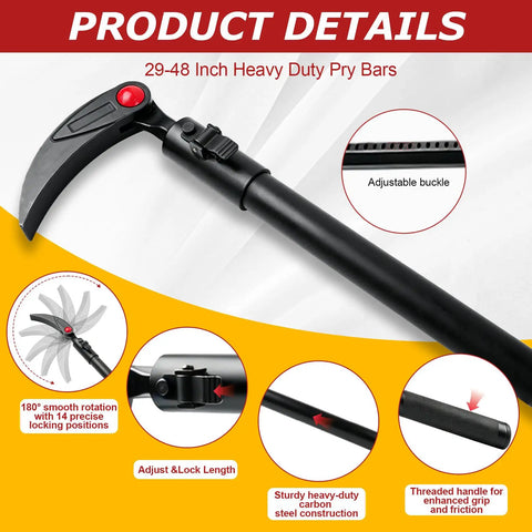 Built Different Heavy Duty 29 To 48 Inch Adjustable Pry Bar With 14 Position 180 Degree Rotating Head Extendable Telescoping Crowbar close-up image showing adjustable buckle and steel construction.