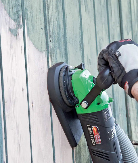 Heavy Duty Tungsten Carbide Milling Disc For EOF 100 Paint Remover in use on wood surface, showing vacuum shroud attachment.