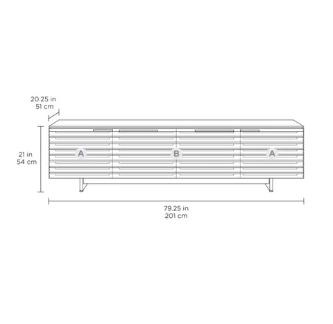 Dimensions of Quad Width Low Media Cabinet 8173 With Natural Walnut Finish, featuring space-saving design and cable management features.