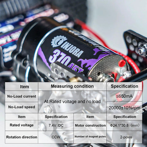 Close-up of a 370 brushed motor installed in RC crawler, showcasing specs for Beefed Up CNC Aluminum Transmission Upgrade for 1 18 RC Crawlers with 370 Brushed Motor and 24 to 1 Gear Set 45T Gear MB100 ESC Ready High Torque Neodymium Magnets TRX4M Compatible Heavy Duty All In One Unit.