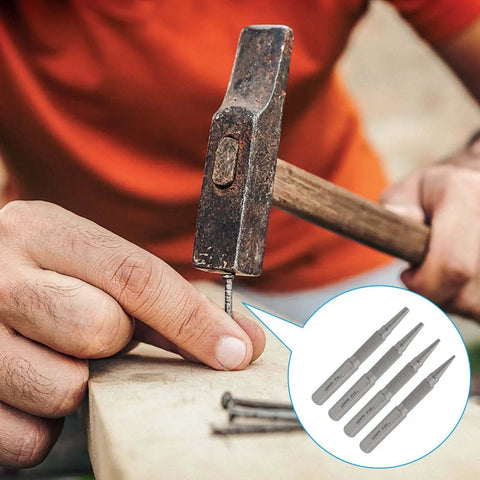 Carpenter using 4 Piece Nail Punch Set Center Punch Kit Includes 1/32 1/16 3/32 And 1/8 Inch Nail Setter Tools on wood