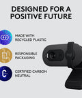 Straight Up Full HD 1080P Business Webcam With Intelligent Auto Light Tuning For Razor Sharp Virtual Meetings And Google Meet Certified, made with recycled plastic.