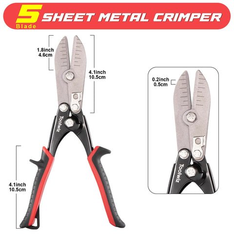 Toolwiz 5-blade sheet metal crimper pliers, red/black handles, stainless blades, front view, 10.5 cm long.
