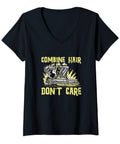 Hair Dont Care Combine Harvester Operator T Shirt For Women V Neck Tee with combine graphic, black, front view.