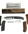 DIY Knife Making Kit With Hammered Stainless Steel Blade 8Cr14MoV For Hunting Fishing And Survival Build Your Own Fixed Blade Knife Outdoor Hobby Craft Project components including blade, wood handles, and assembly tools.