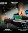 Person using Industrial Automatic Soldering Gun Kit With Digital Display And Temperature Control Motorized Solder Wire Feed And Stabilization Includes 80g Solder Wire for electronics repair