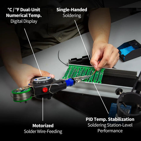 Person using Industrial Automatic Soldering Gun Kit With Digital Display And Temperature Control Motorized Solder Wire Feed And Stabilization Includes 80g Solder Wire for electronics repair