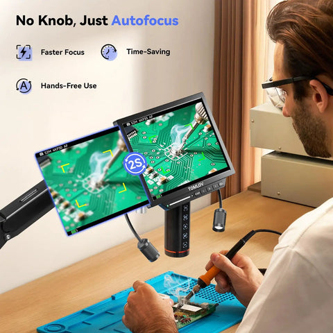 Autofocus 4K Digital Microscope With 8 Inch Screen And HDMI Output Pro Grade Soldering Microscope With Flexible Arm AI Auto Focus 52MP LCD Display Great For Electronics Repair Coins And Precision Work, shown over a technician soldering a circuit board