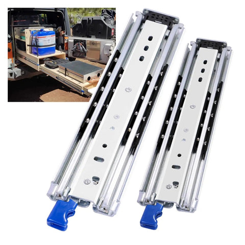 Legit Heavy Duty Bottom Mounted Drawer Slides Featuring Straight Up Smooth Push To Open Rebound Mechanism For Sleek Concealed Cabinet Hardware Fitting Tight Spaces And Keeping Your House Looking Damn Fine Daily alongside a view of storage setup in a vehicle.
