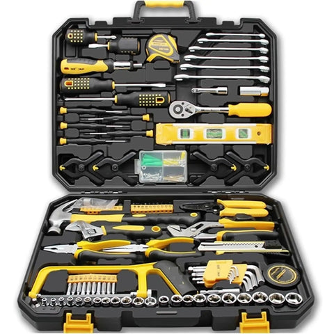 Open toolbox showing 158-Piece Socket Wrench Auto Repair Tool Set with various tools organized neatly inside.