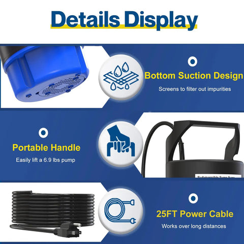 Details display of Half Horsepower Submersible Water Pump 2200 GPH Portable Sump Pump For Pool Draining Basements Fountains Hot Tubs Gardens With 25 Ft Power Cord Sky Blue highlighting bottom suction, portable handle, and 25FT power cable.
