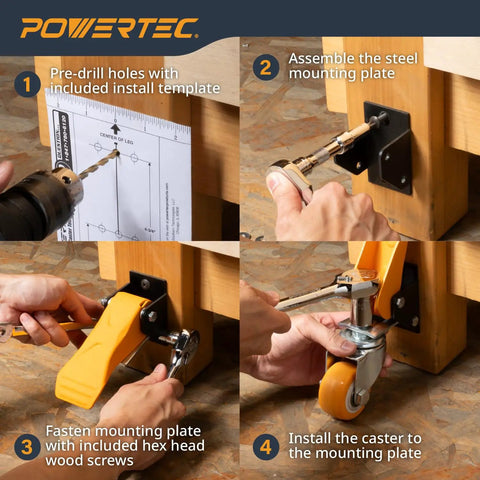 Heavy Duty Workbench Caster Kit With Retractable Stepdown Swivel Wheels Set Of Four Two Point Five Inch TPR Casters 600 Pound Rock Solid Shop Furniture Gear For Hassle Free Rolling installation steps with pre-drilling and mounting.