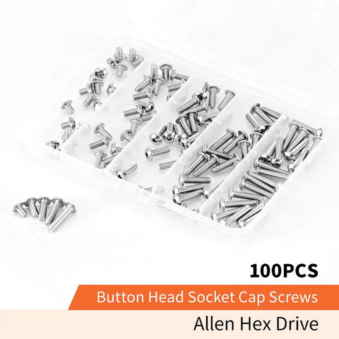 100-piece 8-32 304 Stainless Steel Button Head Socket Cap Screws Kit With Allen Hex Drive Fully Threaded Machine Bright Finish