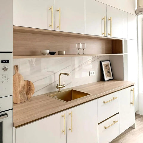 Modern kitchen with Five Pack Brushed Gold Cabinet Pulls Five Inch Kitchen Cabinet Handles Hardware For Drawers And Cabinets