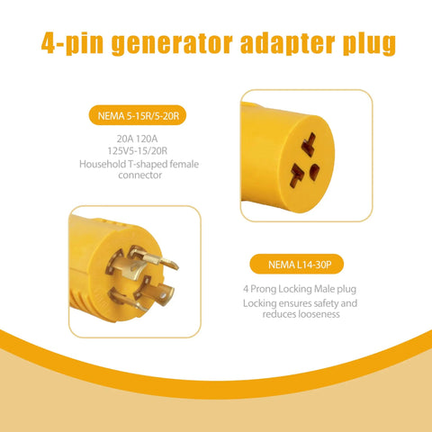 No Sweat Setup Nema L14 30P To 5 15 And 6 15 Generator Adapter Plug with yellow 4-pin locking male connector for RV and home use.