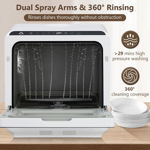 Lightweight Portable Countertop Dishwasher With Dual Water Modes And Five Custom Cycles Sleek Glass Viewer 360° rinsing feature and dual spray arms.