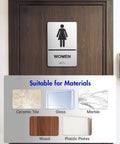 Two Piece ADA Restroom Signs For Business Men's And Women's Bathroom Sign Set In Silver Brushed Aluminum on wood door