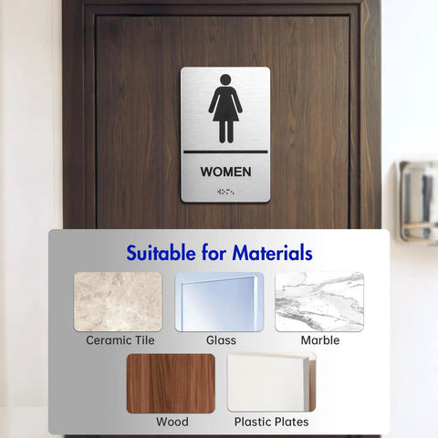 Two Piece ADA Restroom Signs For Business Men's And Women's Bathroom Sign Set In Silver Brushed Aluminum on wood door