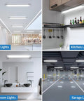 Four scenarios showing Two Pack Linkable LED Shop Lights 2ft And 4ft Waterproof Tubes used in shops, kitchens, bathrooms, garages.