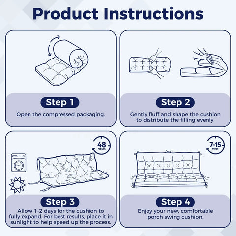 Illustrated product instructions for Waterproof Porch Swing Cushions For Outdoor Furniture Navy Blue 60x40x4 Inch 3 Seater Bench Seat Cushions For Patio Glider Settee Loveseat Wicker Easy Clean Fade Resistant showing steps for opening, fluffing, expanding, and enjoying the cushions.