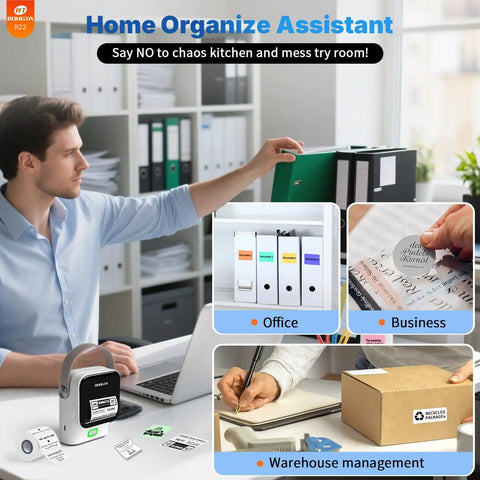 Portable Bluetooth Thermal Label Printer With Included Tape Inkless Sticker Maker For Home Organization And Small Business in an office setting.