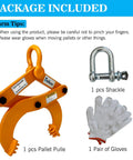 Heavy Duty Pallet Puller 1 Ton Capacity With 6 Inch Jaw Opening Rugged Pallet Clamp For Lifting Stump And Shrub Pulling Industrial Grade Steel Easy Grip Trusted Performance. Package includes pallet puller, shackle, and gloves.