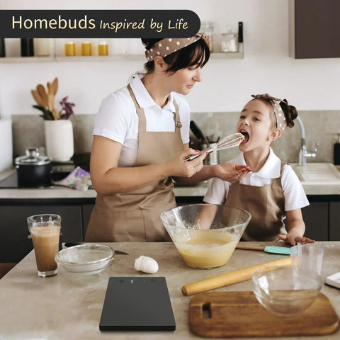 Mother and child baking in kitchen with Chef Grade 22 Pound 10 Kilogram Digital Kitchen Scale With 0.1 Ounce And 1 Gram Precision