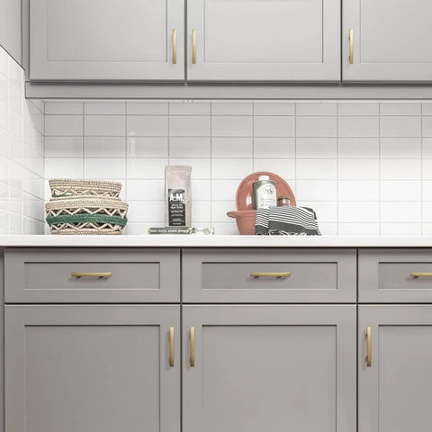 10 Pack Champagne Bronze Zinc Alloy Cabinet Knobs Set For Kitchen And Bathroom Cupboards, installed on gray cabinets