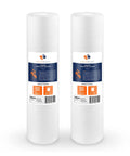 Two-pack of Five Micron Whole House Sediment Filter Cartridge For Twenty Inch By Four And A Half Inch Housings, labeled and upright.
