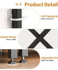 Product details showing anti-tipping device, X-shaped design, and adjustable feet for Big Ol Industrial Triple Column 5 Tier Bookshelf