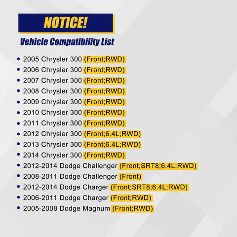 Notice vehicle compatibility list including Chrysler 300, Dodge Challenger, Charger, and Magnum from 2005 to 2014.