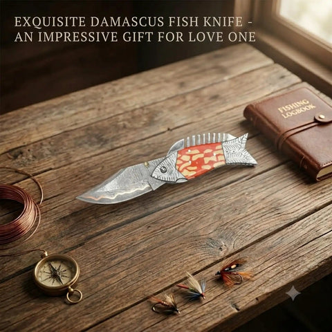 Copper Damascus Fish Style Folding Knife With Ladder Pattern Blade on rustic wooden table with fishing accessories