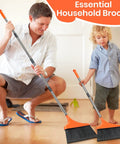 Man and child using Four Pack Heavy Duty Angle Broom With Fifty Two Inch Handle And Tough Split Bristles for floor cleanup.