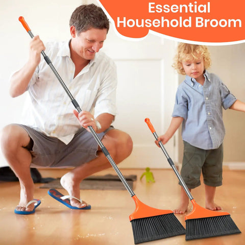 Man and child using Four Pack Heavy Duty Angle Broom With Fifty Two Inch Handle And Tough Split Bristles for floor cleanup.