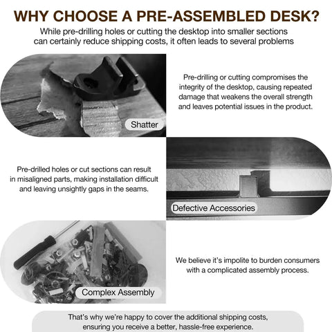 Collage showing issues with non-pre-assembled desks including shatter, defective accessories, and complex assembly.