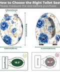 Elongated Toilet Seat Cover Quiet Close dimensions chart with floral design, showing fitting sizes and instructions.