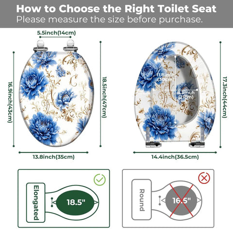 Elongated Toilet Seat Cover Quiet Close dimensions chart with floral design, showing fitting sizes and instructions.