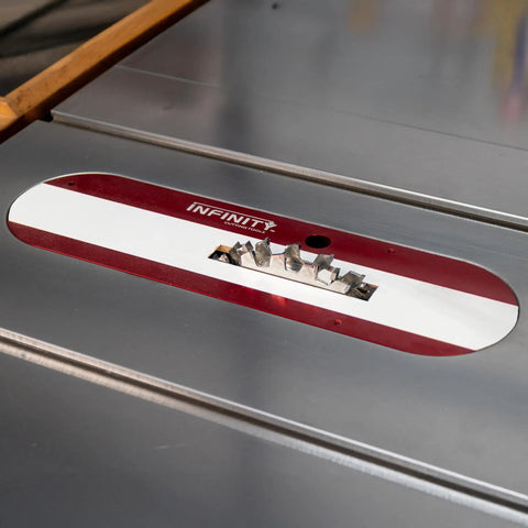 Zero Clearance Throat Plate System For Table Saws With CNC Aluminum Carrier Plate And Three Interchangeable Inserts All In One Fits Most Cabinet And Contractor Saws For Easy Swap And Cleaner Smoother Cuts, installed on table saw