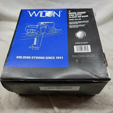 Clamp On Vise With Four Inch Jaw Width And Two And A Quarter Inch Jaw Opening, box with product illustration and branding