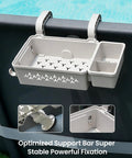 2 Piece Poolside Storage Basket Set With Cup Holder For Above Ground Pools Fits Steel Round Or Oval Frames Top Rail 3 Inches Or Less Upgrade Kit attached to pool rail