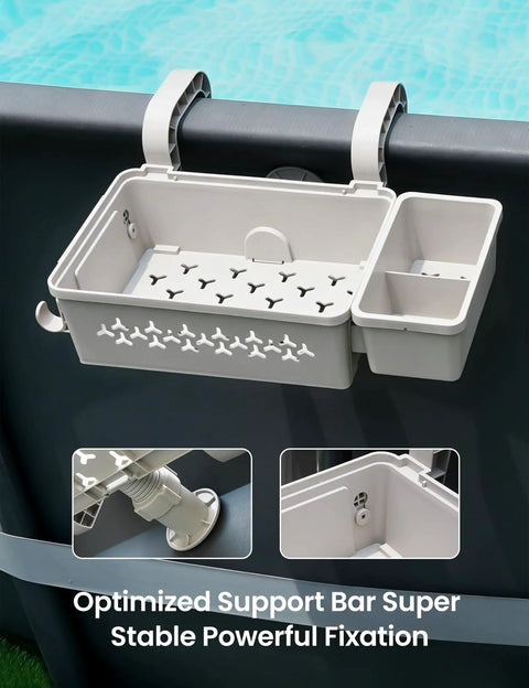 2 Piece Poolside Storage Basket Set With Cup Holder For Above Ground Pools Fits Steel Round Or Oval Frames Top Rail 3 Inches Or Less Upgrade Kit attached to pool rail
