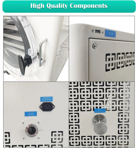 High quality components of Heavy Duty Four Tray 110V Vacuum Freeze Dryer Machine with stainless steel and USB ports.