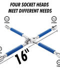 Beefy 16 Inch Universal Lug Wrench Four Way Tire Iron With Non Slip Handle For Cars Light Trucks SUVs Vans And RVs Includes 17mm 19mm 21mm And 22mm Lug Sizes Heavy Duty Blue Finish Built To Last showing socket heads and handle