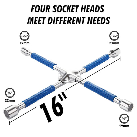 Beefy 16 Inch Universal Lug Wrench Four Way Tire Iron With Non Slip Handle For Cars Light Trucks SUVs Vans And RVs Includes 17mm 19mm 21mm And 22mm Lug Sizes Heavy Duty Blue Finish Built To Last showing socket heads and handle
