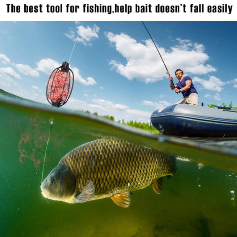 Angler using a 10 Pack Spring Fishing Feeder Bait Cage Holder For Carp And Bream Tackle Method Feeder Cage above carp